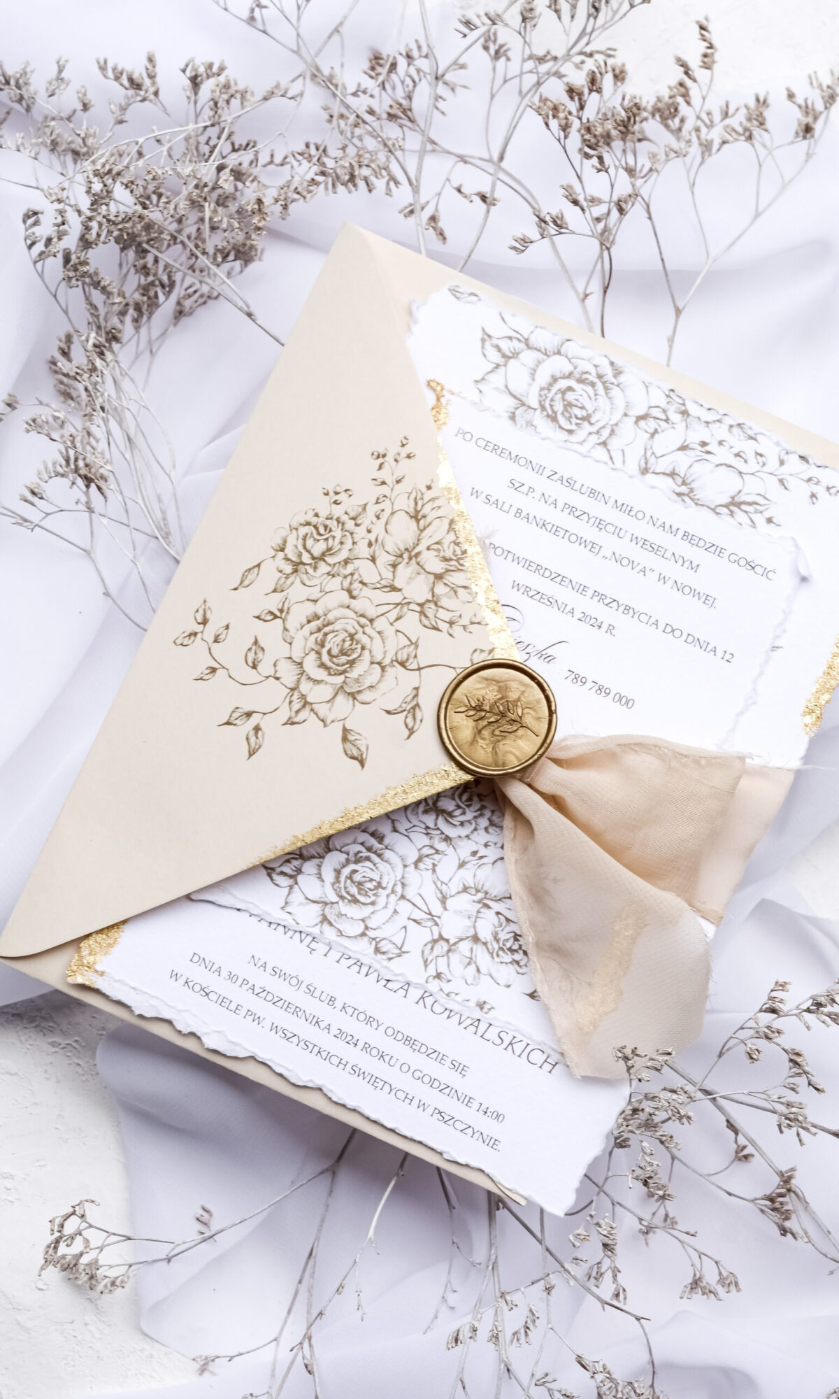 Złocone zaproszenia ślubne w stylu boho Wz-24