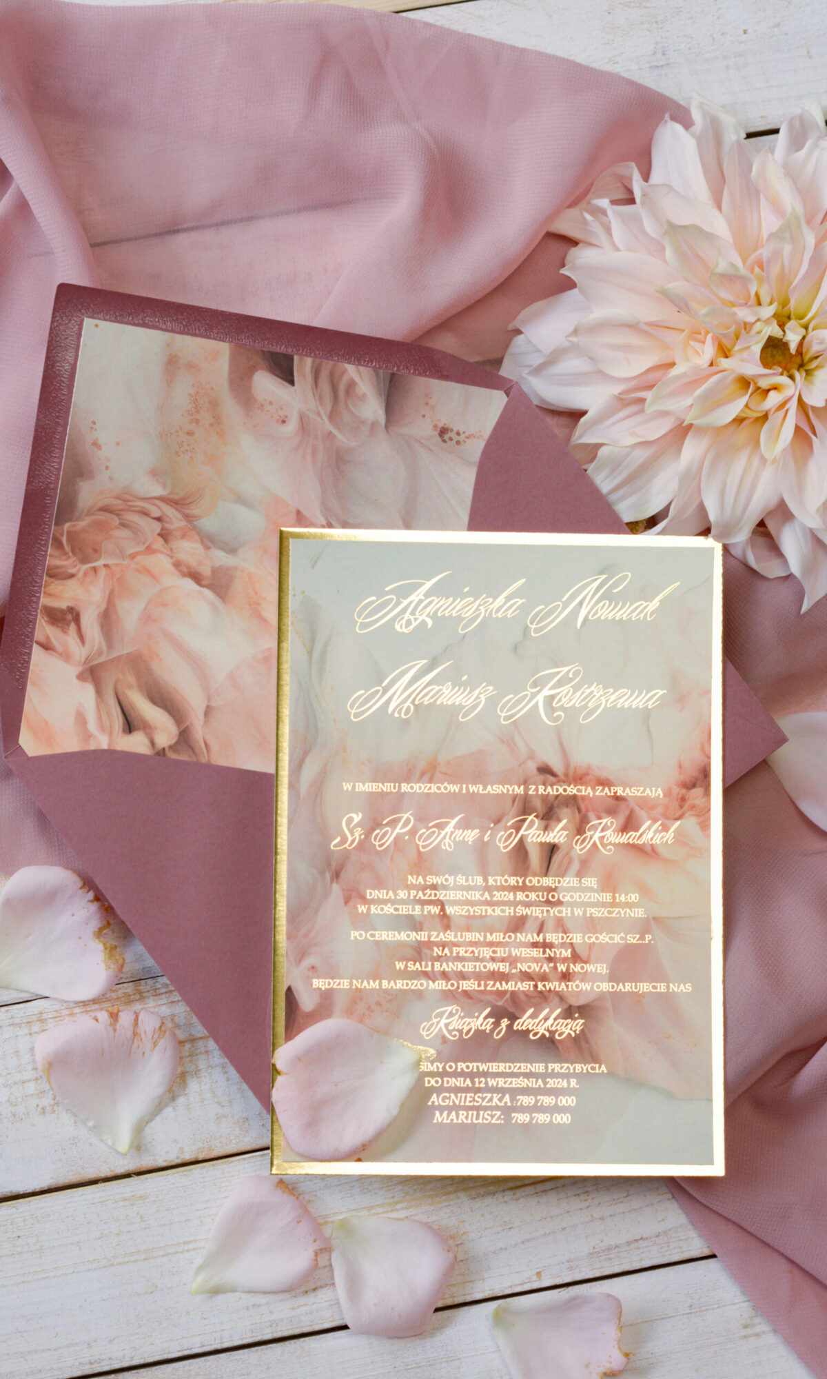 Jednokartkowe marmurkowe zaproszenia ślubne Wz-56