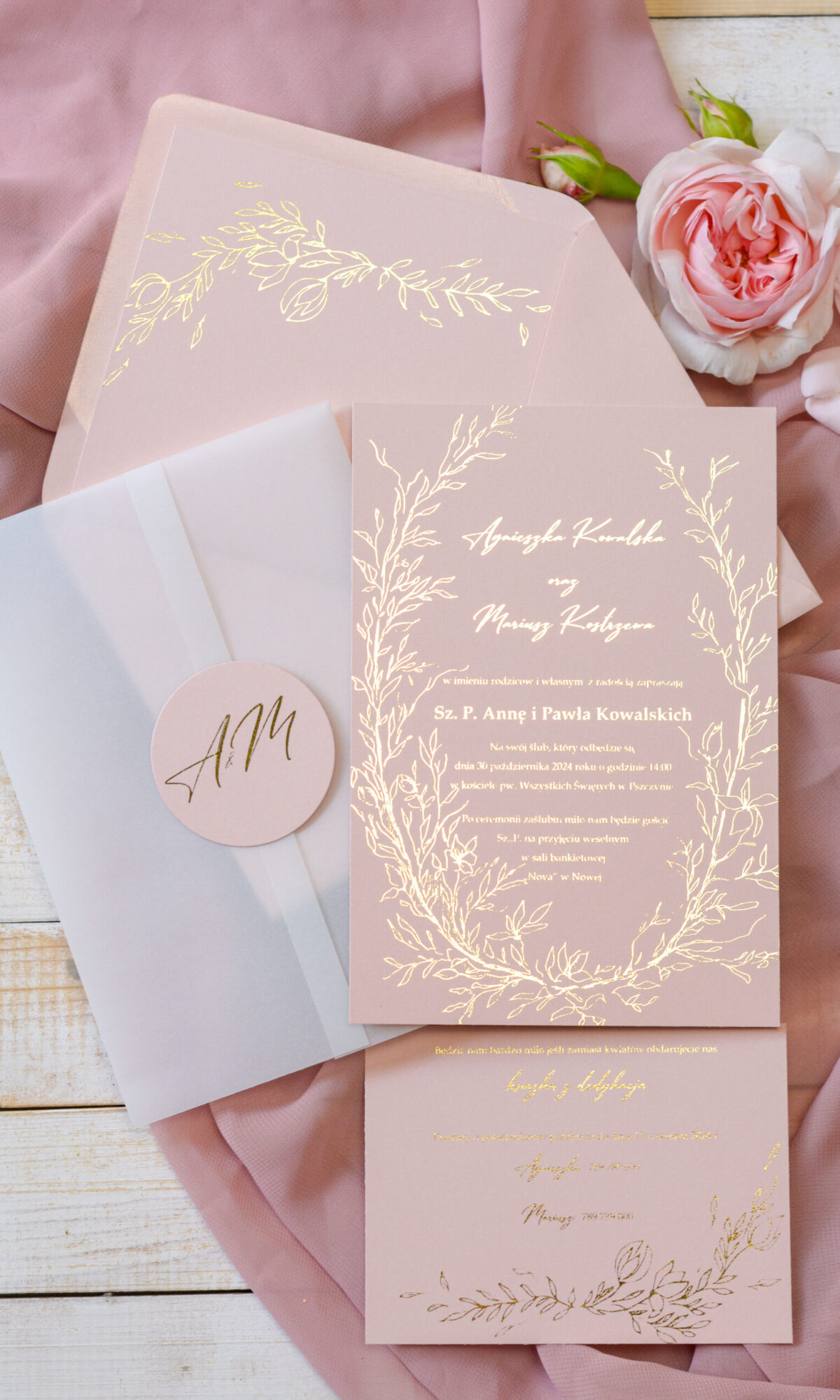 Minimalistyczne, złocone zaproszenia ślubne Wz-57