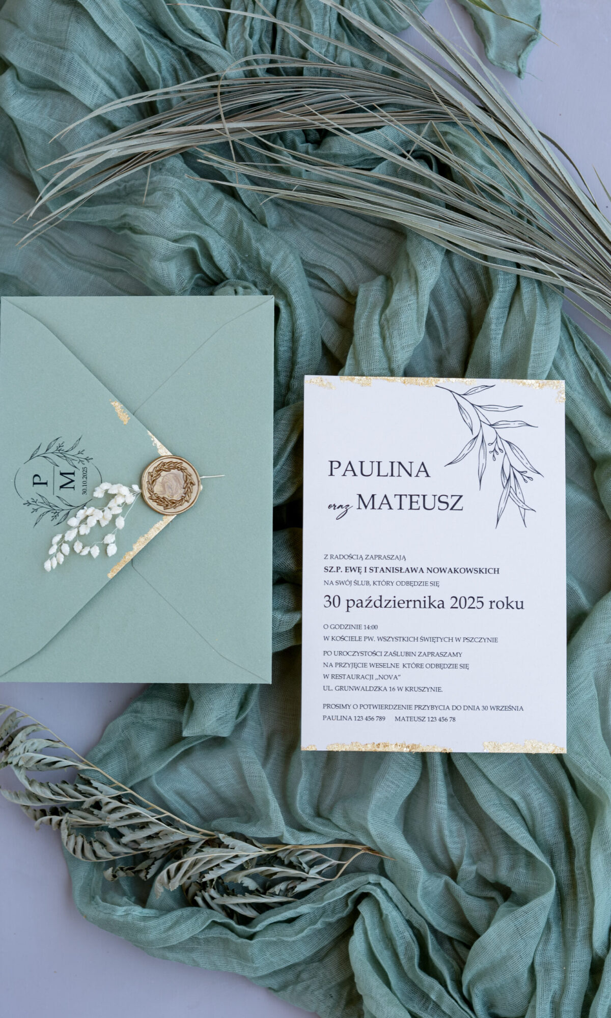 Minimalistyczne, złocone zaproszenia ślubne Wz-15