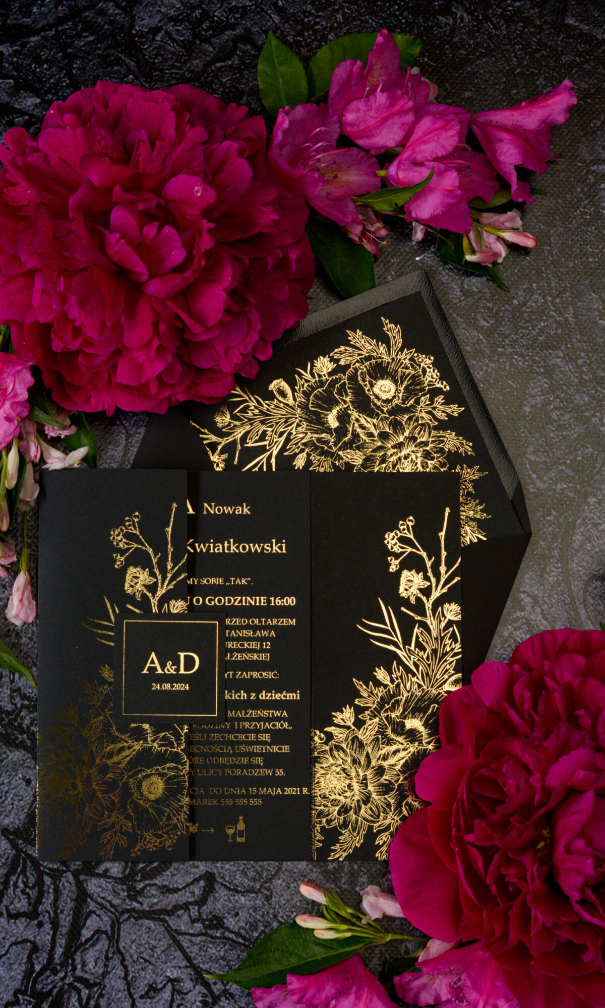 Czarno- złote zaproszenia na ślub Wz-65