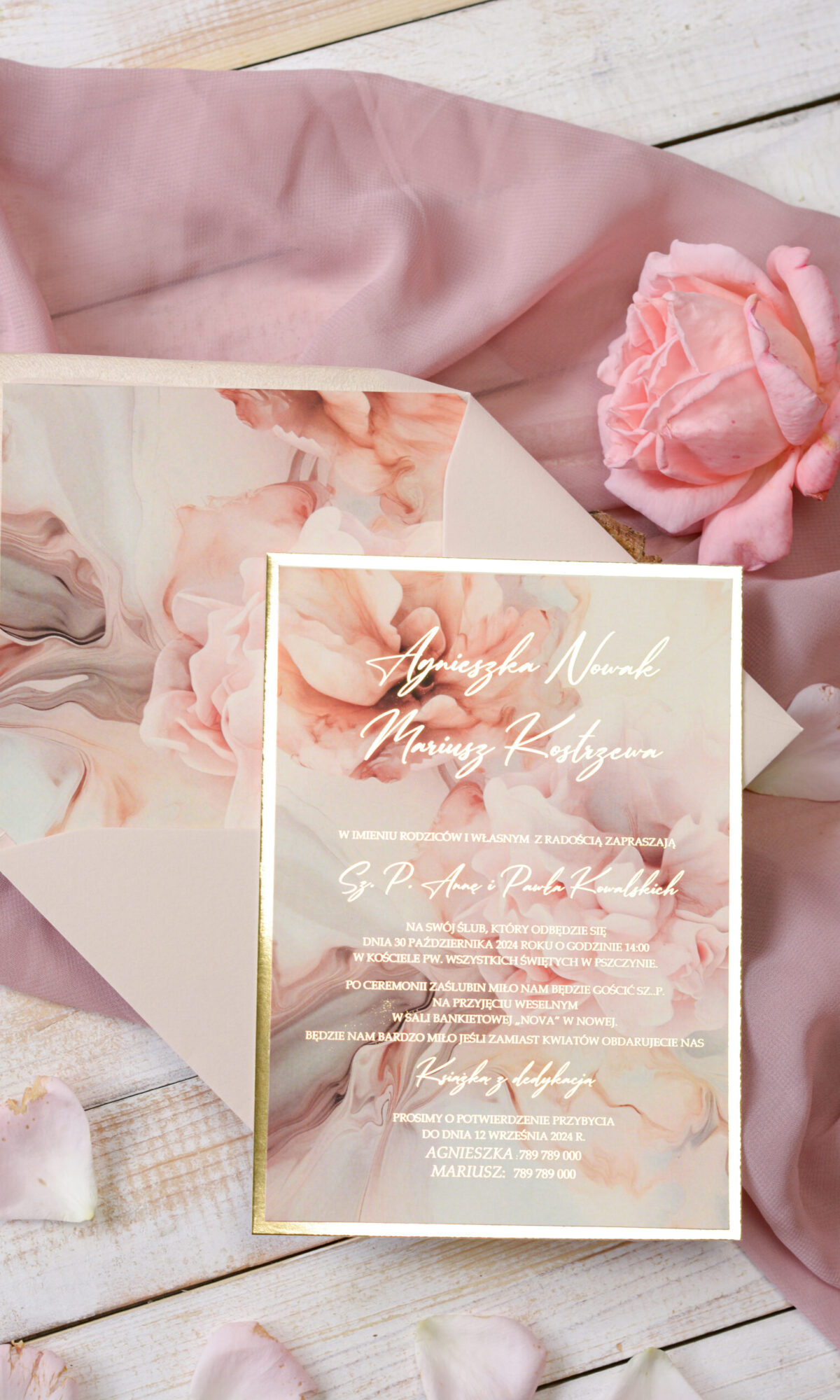 Jednokartkowe marmurkowe zaproszenia ślubne Wz-86