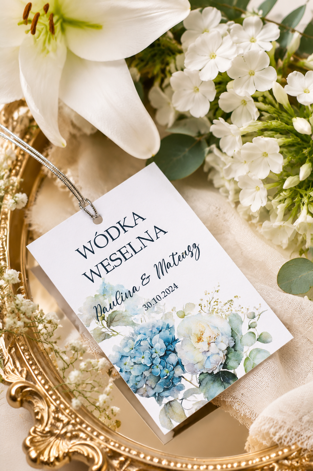 Zawieszka na wódkę weselną z motywem kwiatowym, błękitne ZA-04