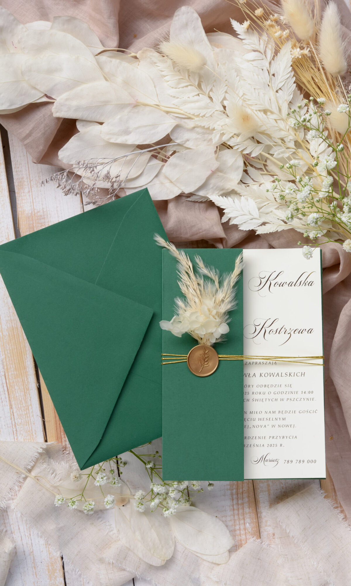 Zaproszenia na ślub z trawą pampasową butelkowa zieleń Wz-89