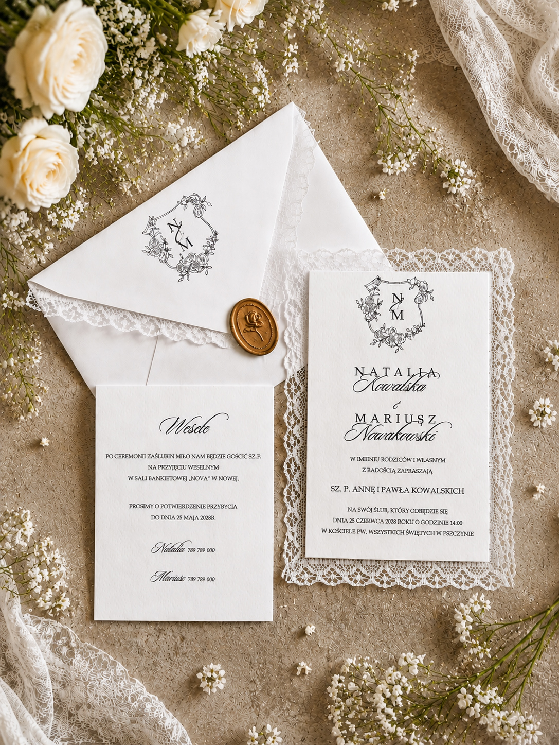 Białe koronkowe zaproszenia ślubne Wz-182