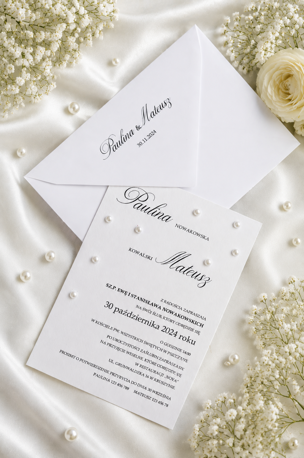Jednokartkowe zaproszenia ślubne z perełkami Wz-115