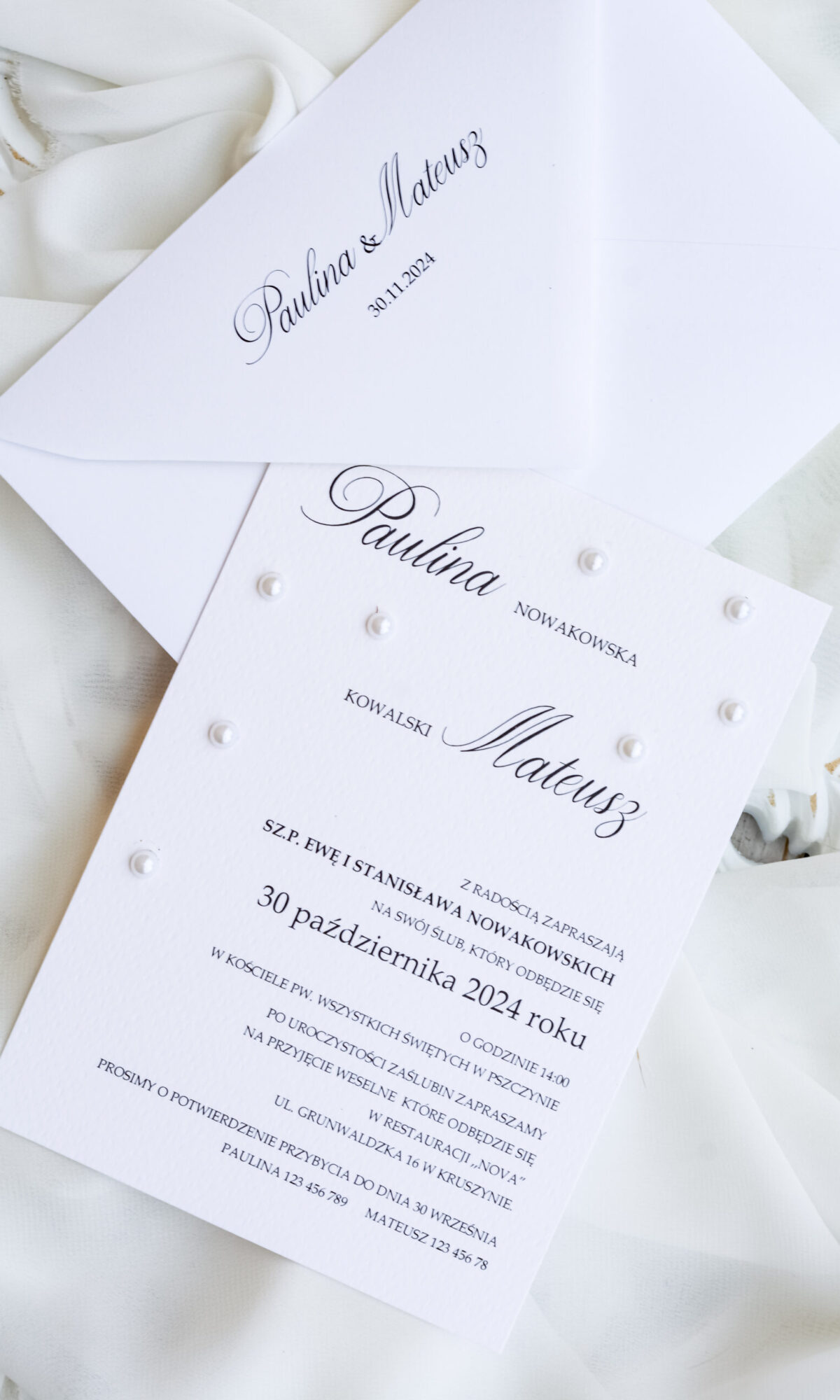 Jednokartkowe zaproszenia ślubne z perełkami Wz-115