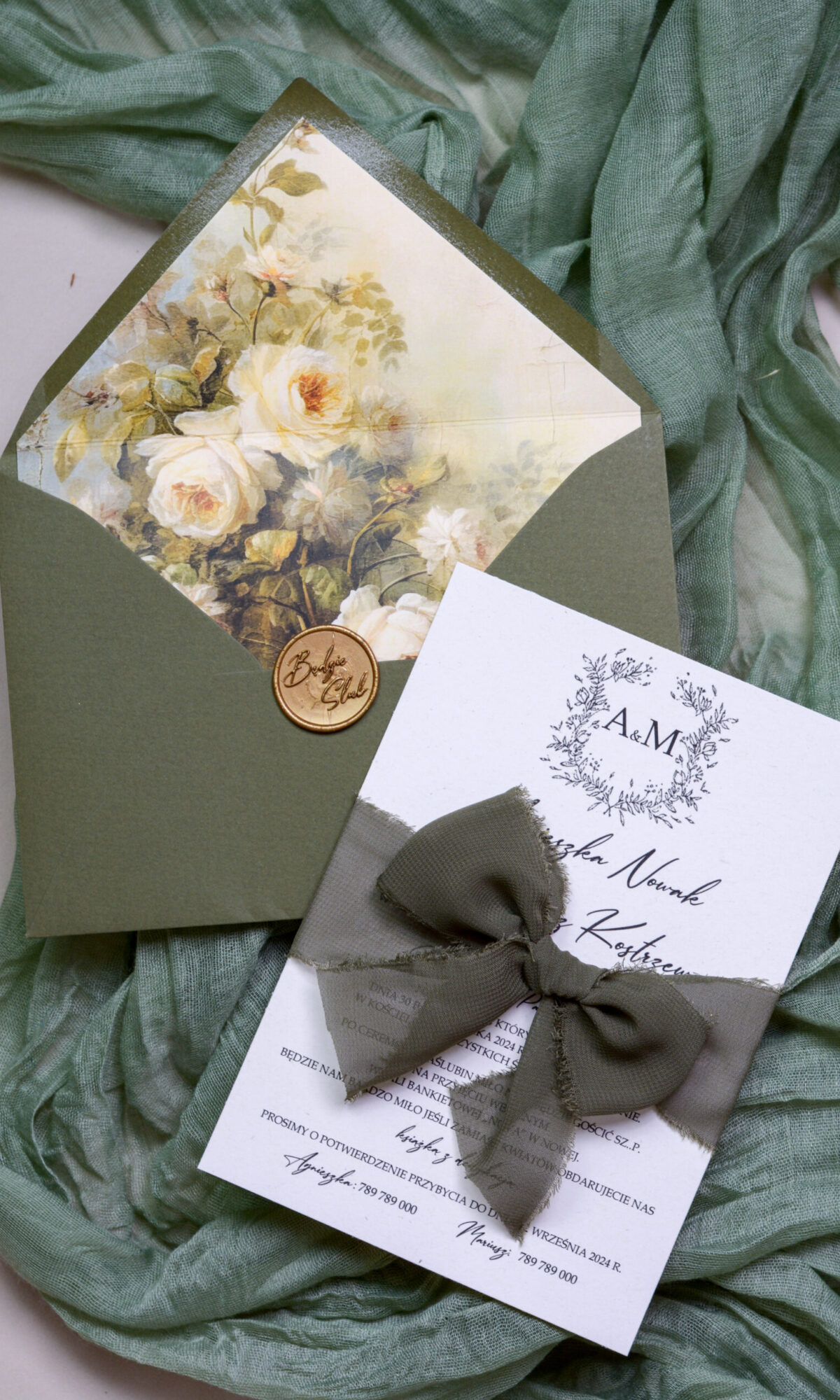 Minimalistyczne, oliwkowe zaproszenia ślubne Wz-118