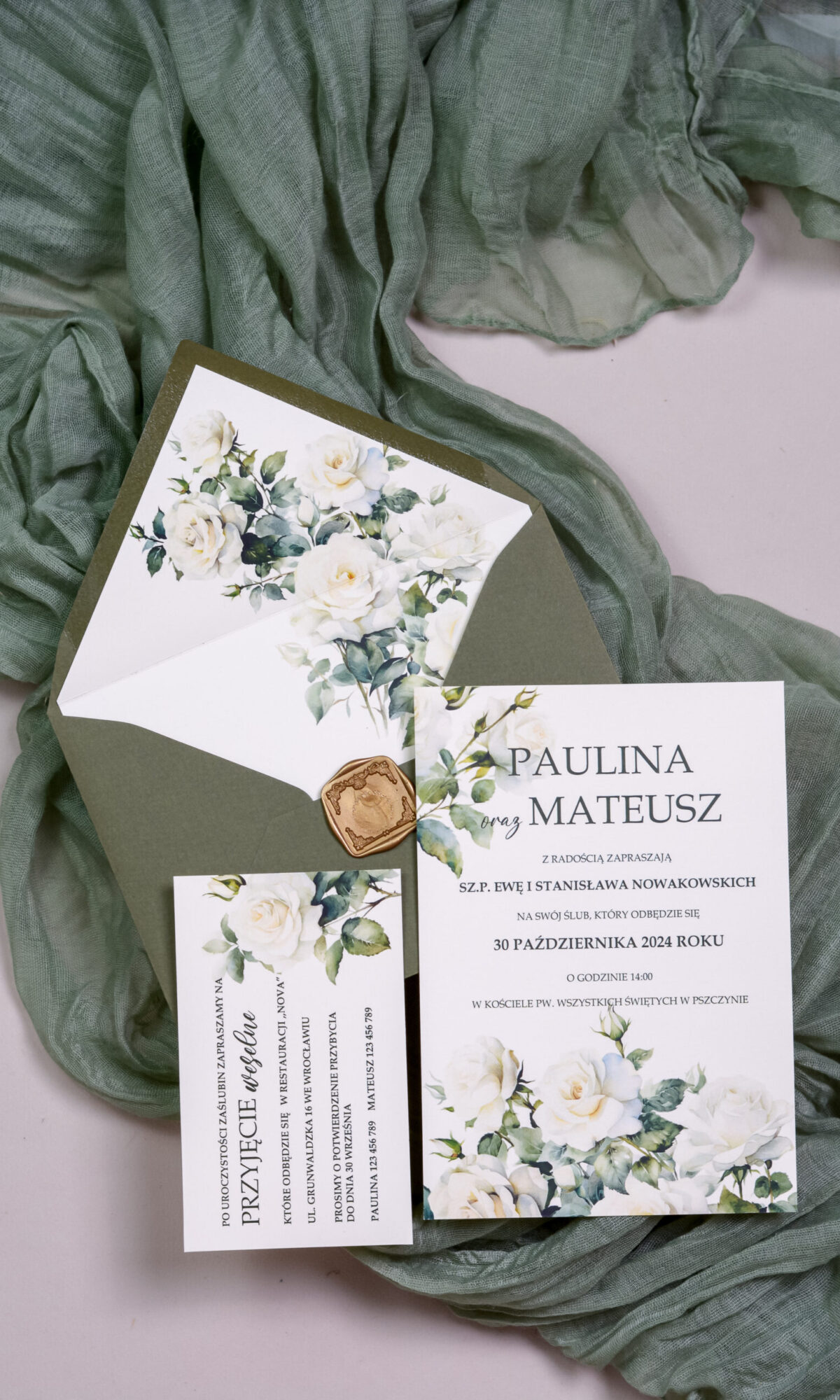 Zielone zaproszenia ślubne z motywem kwiatowym Wz-116