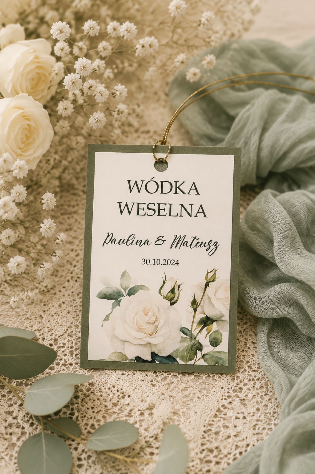 Zawieszka na wódkę weselną z motywem kwiatowym, zielone ZA- 07