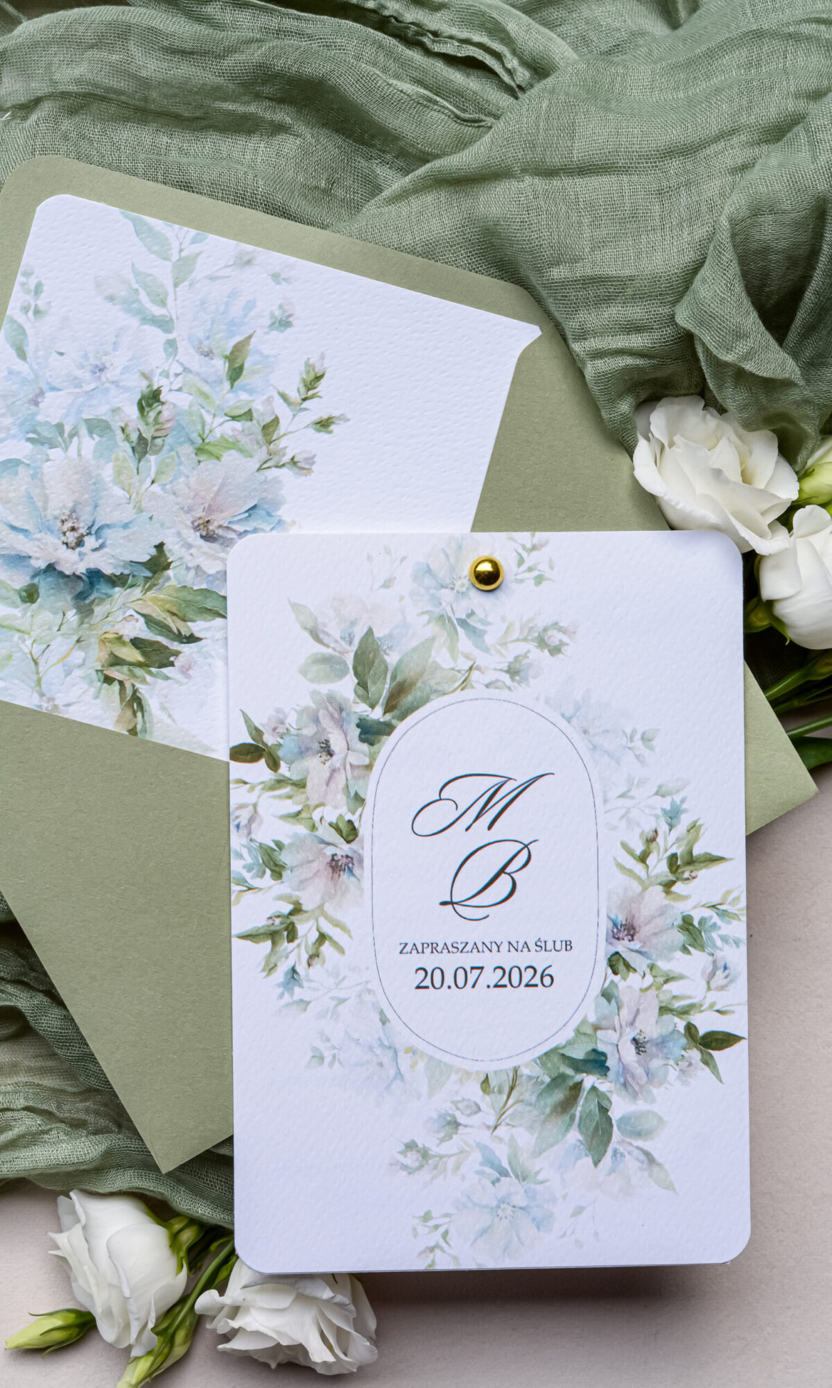 Zielone zaproszenia ślubne z motywem kwiatowym Wz-41