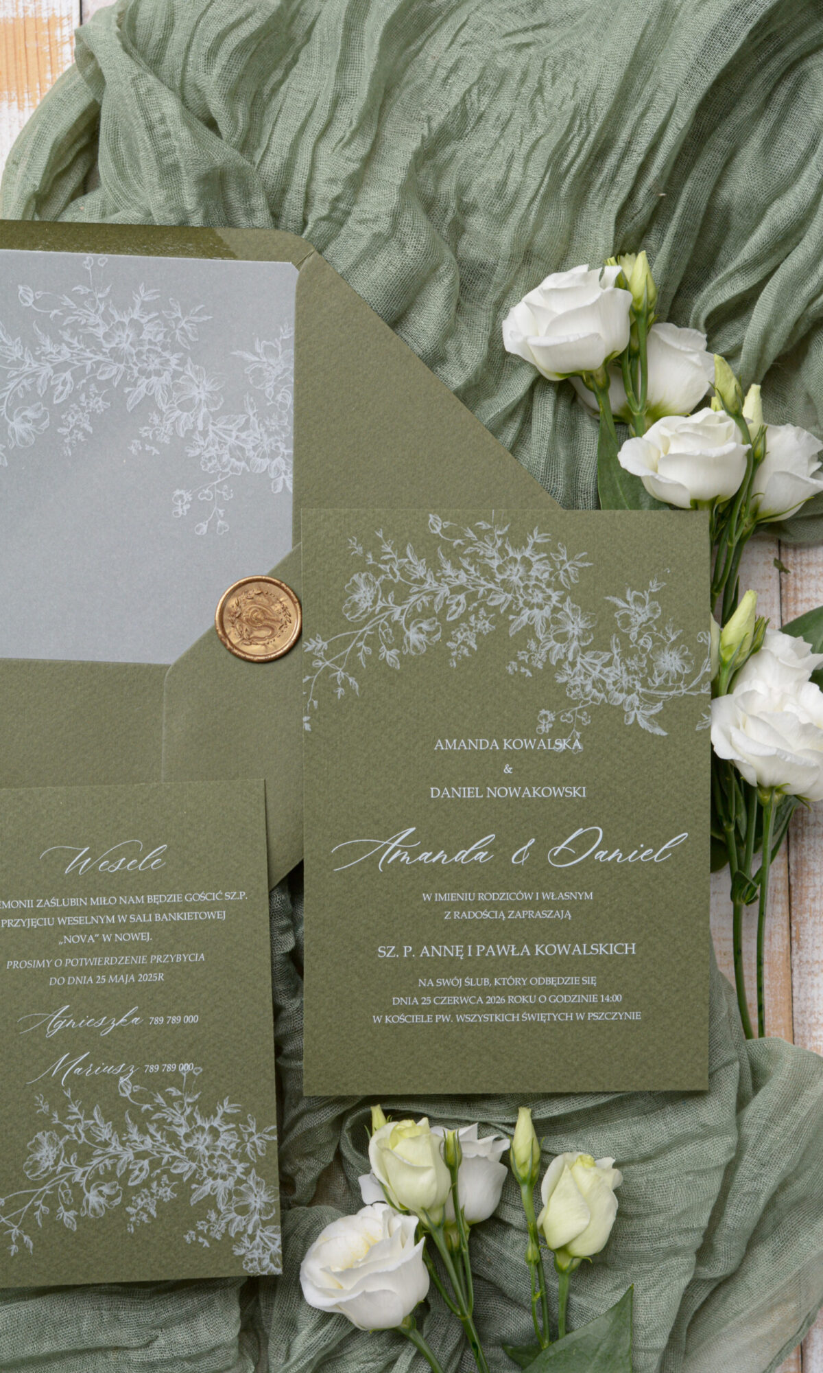 Zielone zaproszenia ślubne z białym nadrukiem Wz-43