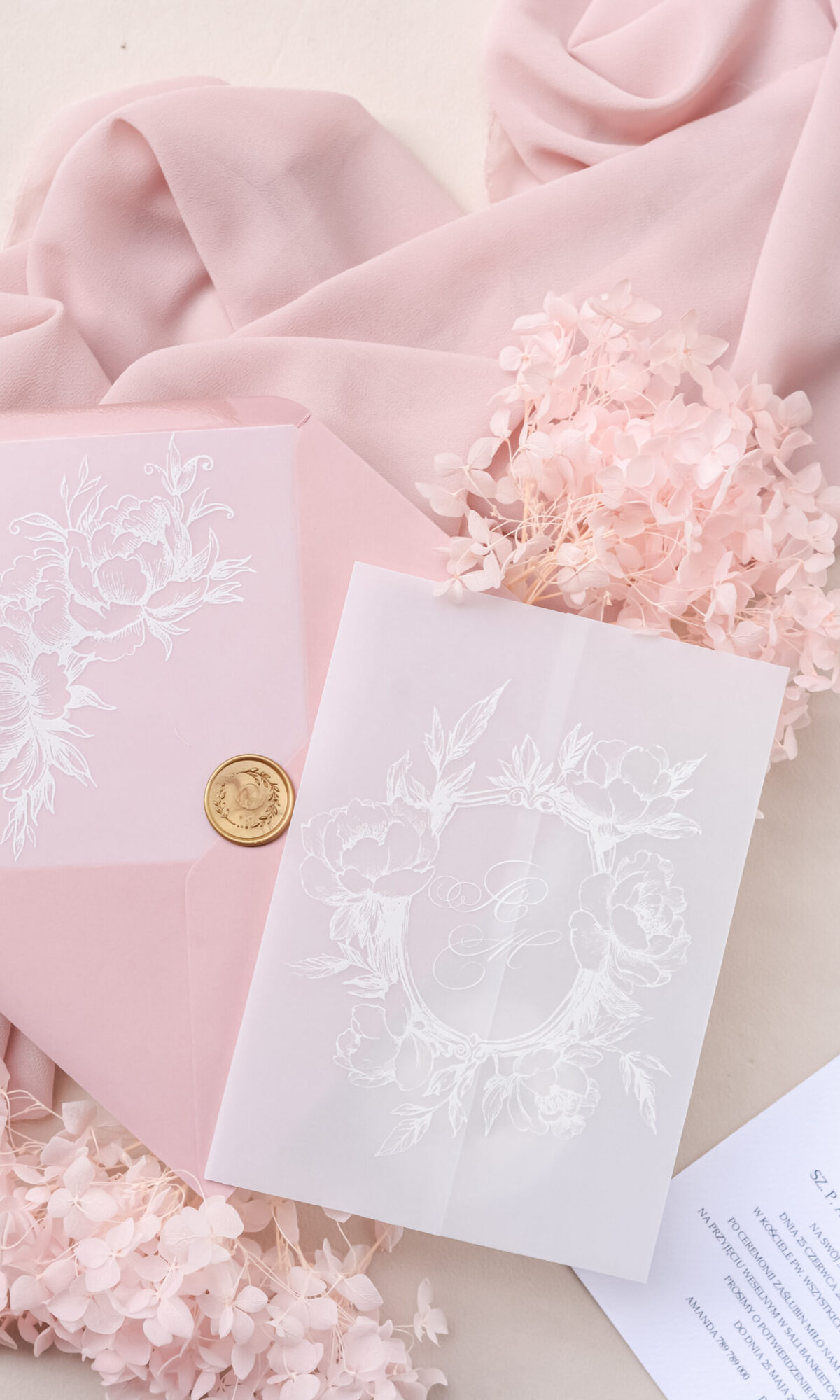 Różowe zaproszenia ślubne z kalką Wz-23