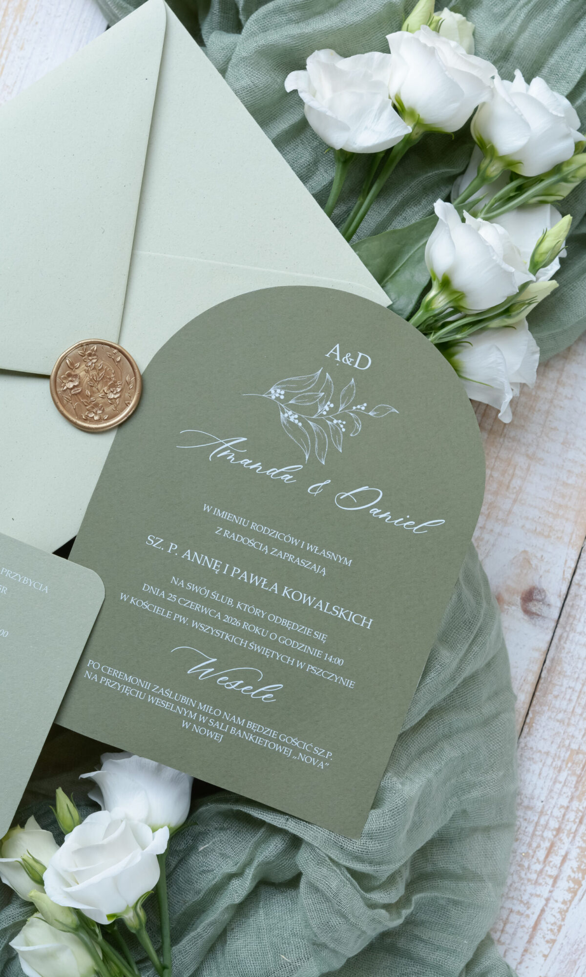 Owalne, zielone zaproszenia ślubne Wz-42