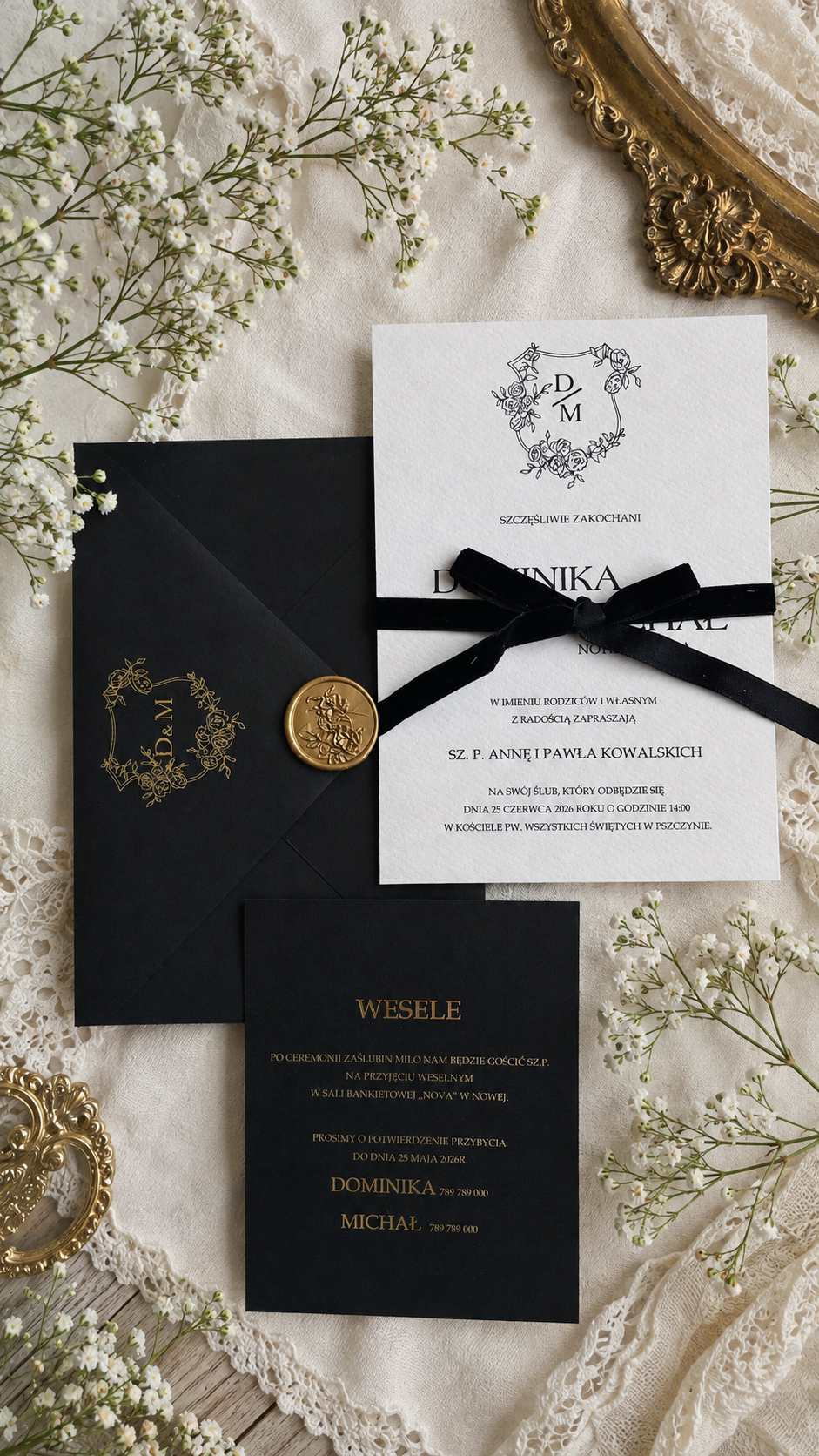 Minimalistyczne, nowoczesne zaproszenia- czarno-białe ślubne m Wz-162