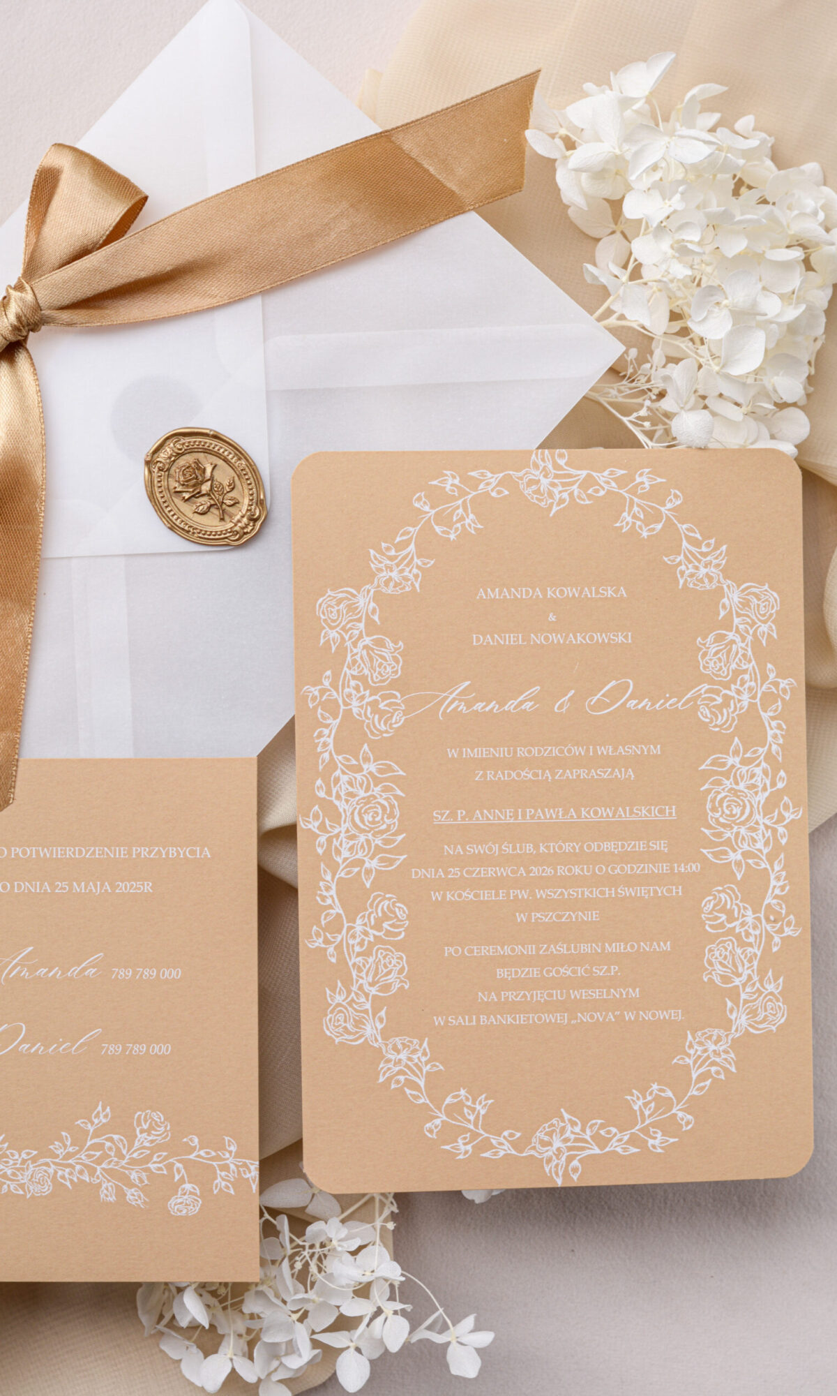 Rustykalne zaroszenia ślubne z białym nadrukiem Wz-154