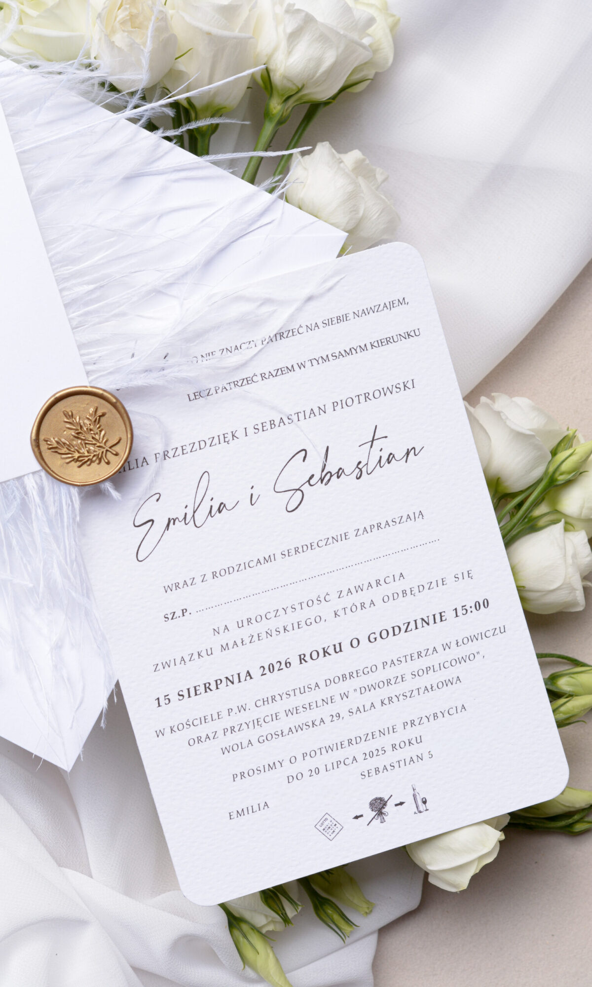 Zaproszenia ślubne z piórami, strusie pióra Wz-126