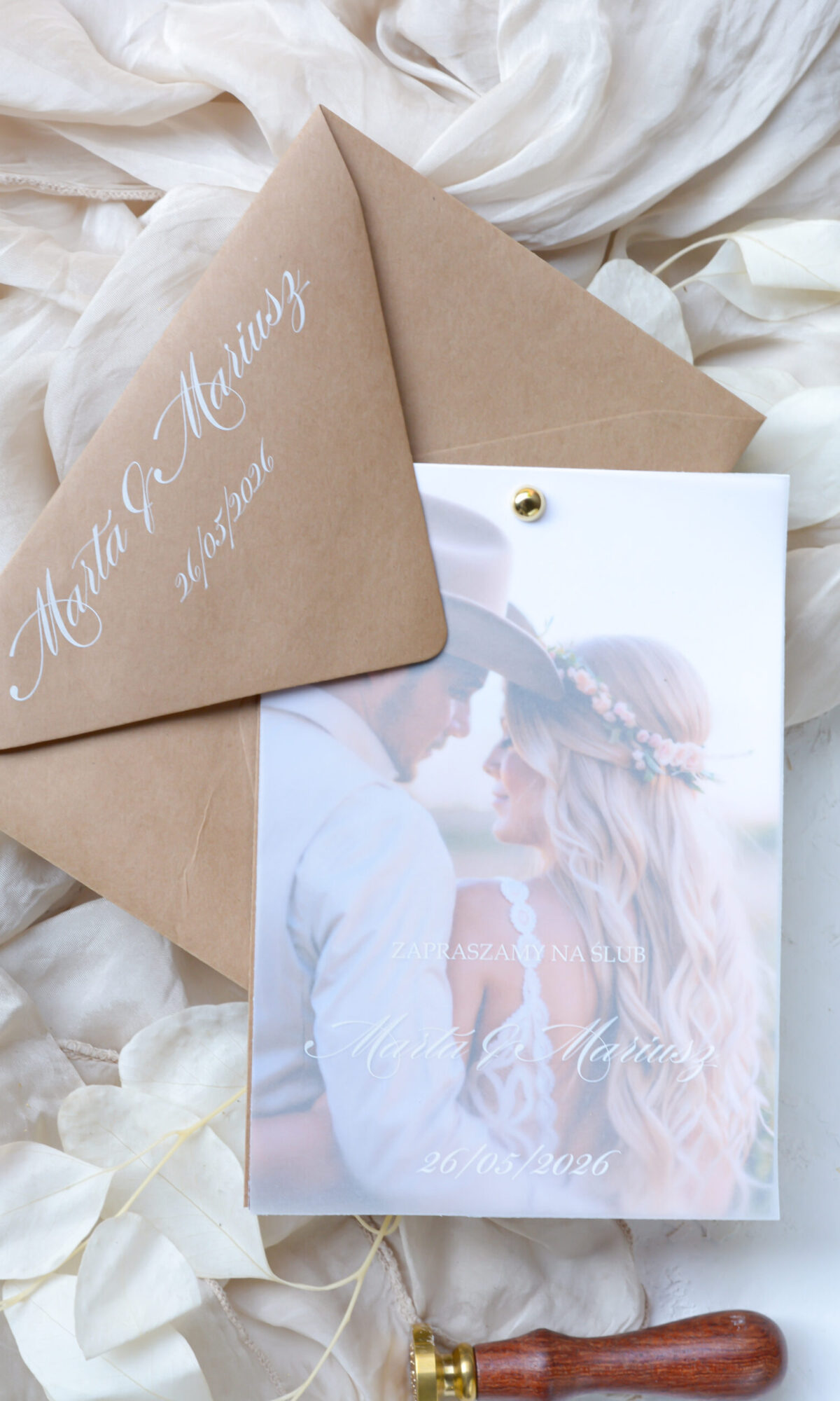Rustykalne zaproszenie ślubne ze zdjęciem Wz-157