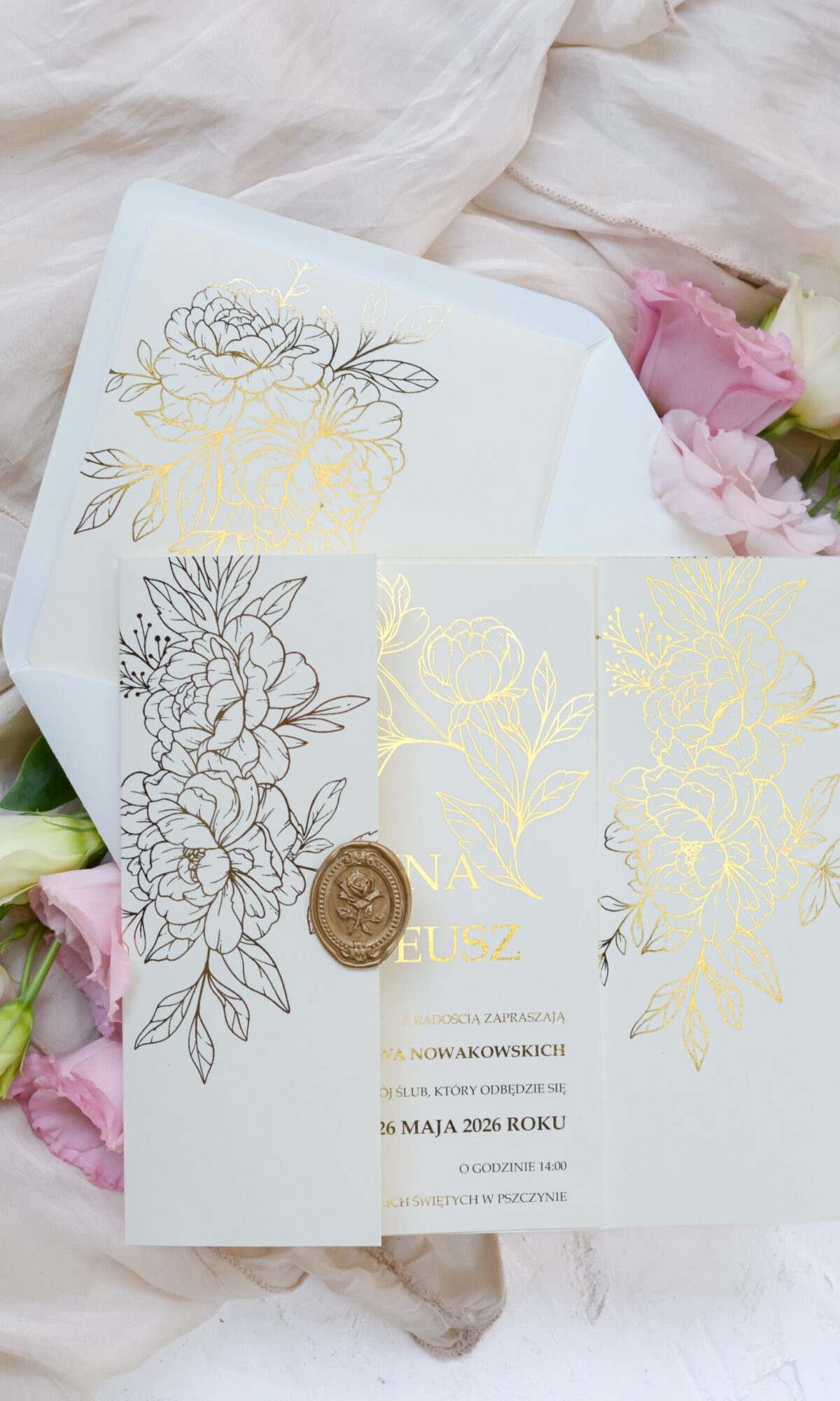 Zaproszenia ślubne glamour, złote Wz-165