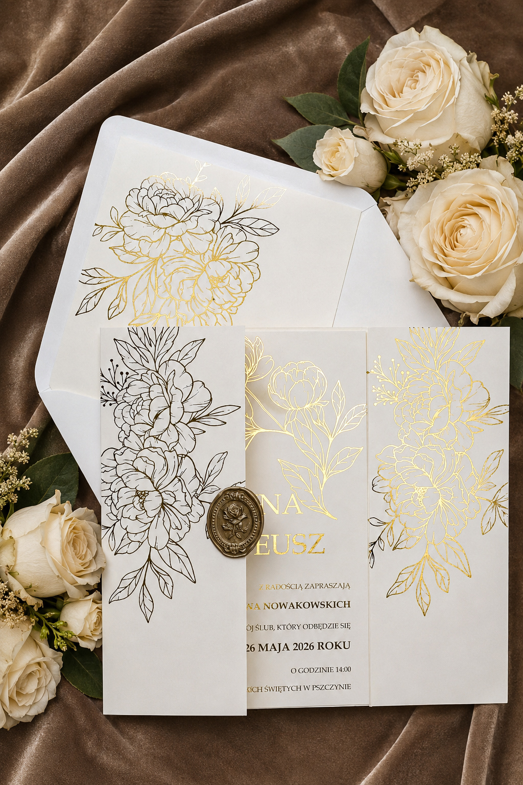 Zaproszenia ślubne glamour, złote Wz-165